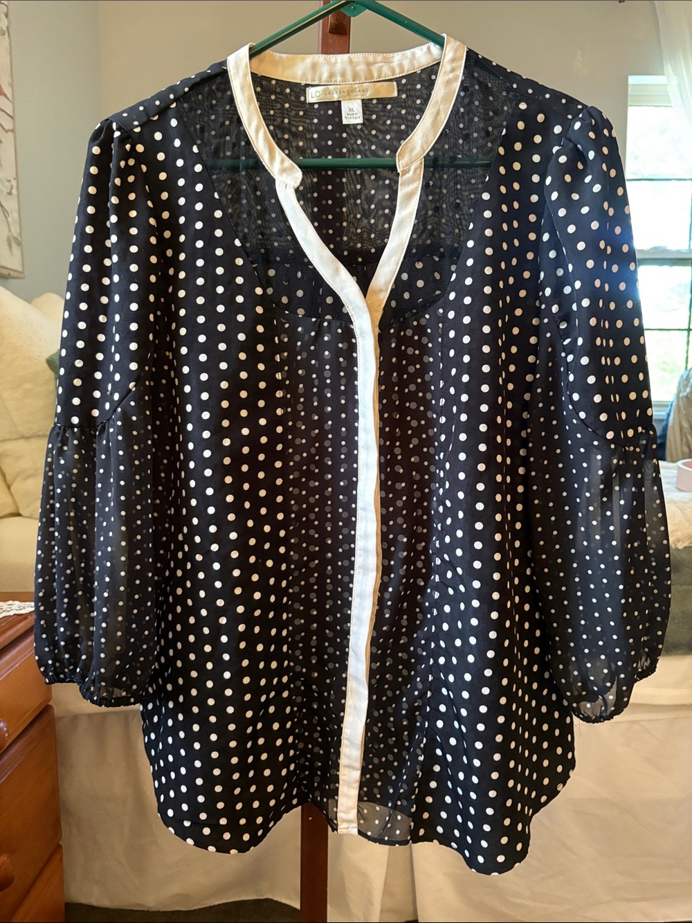 LC Lauren Conrad Navy and White Polka Dot Button-Front Blouse